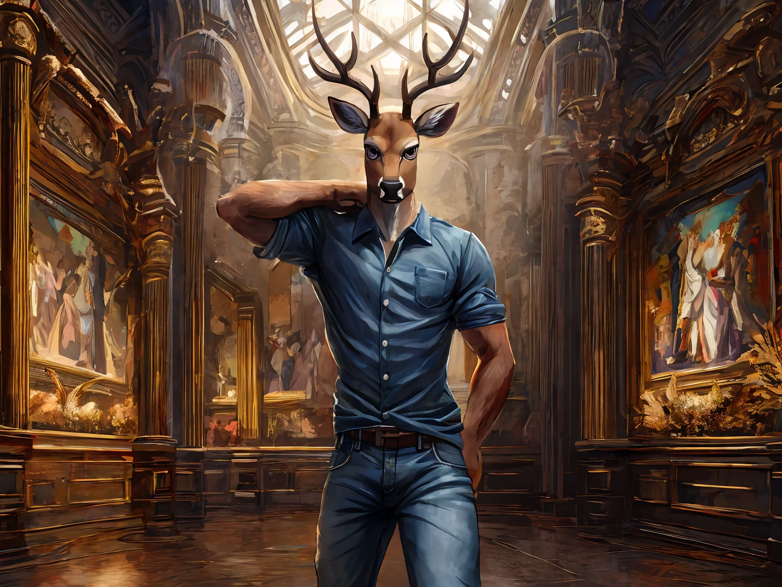 deer, mature, in art museum, calm expression, sincere, loose shirt, jeans, Hands behind the back, standing, masterpiece, (16K), HD, Various facial details, detailed background, very detailed, dynamic poses, Eyes details,  high resolution, high quality, correct anatomy
