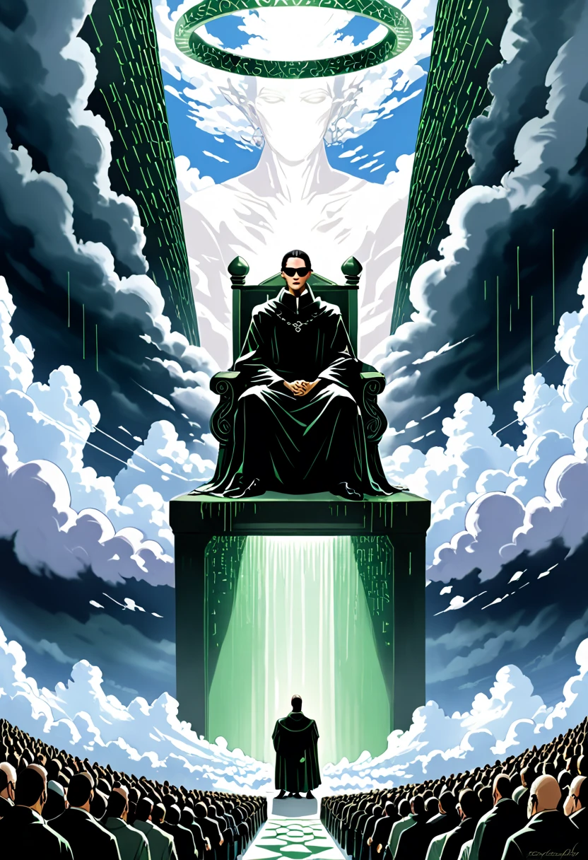 Thousands of people trapped in the matrix , and above (outside the matrix ) the Demiurge Yaldabaoth sitting on his throne without humans being able to see him , and above de Yaldabaoth está um triângulo divino brilhante com um olho no centro, above the clouds