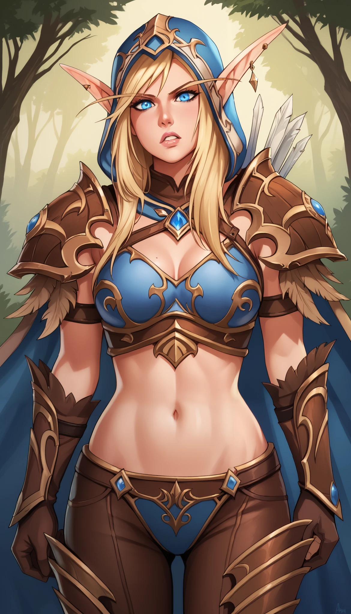 Forest background, BREAK 1girl, sylwingeneral, long hair, blue eyes, blonde hair, pointy ears, elf, brown eagle shaped shoulder armor, breastplate, hood, gloves, armor, midriff, cape, pants, looking at viewer, angry