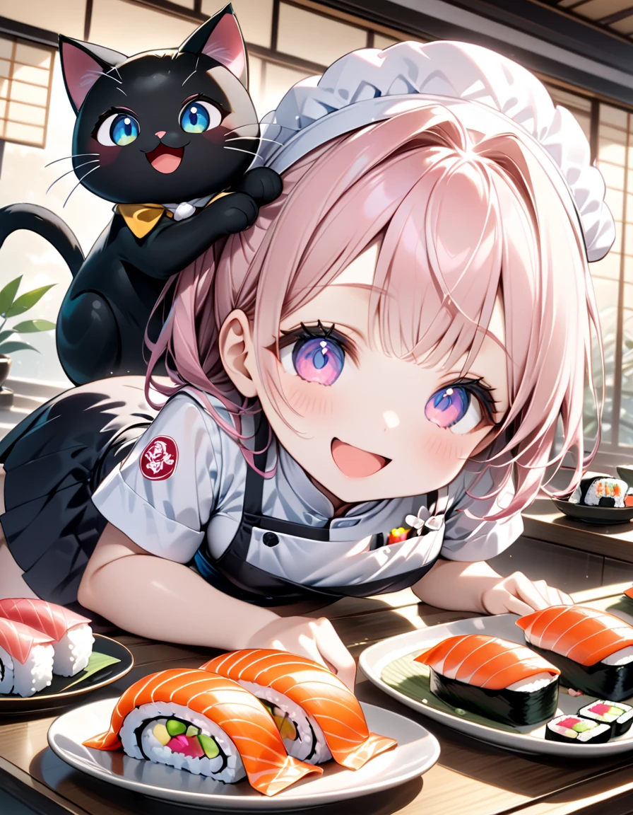 (masterpiece), (ultra-detailed), (best quality), (clear focus), dramatic scene, cinematic, shadow, (ultra-high resolution), (8k), perfect anatomy, perfect face, (detailed face), (detailed eye), (chibi), cute Japanese chibi girl, famous Japanese chibi idol, very beautiful and cute and cool face, (wearing a cute pastel colored sushi chef's uniform:1.2), cute apron,  (large breasts), (She is making sushi at the traditional Japanese sushi restaurant counter with a human-like giant black cat:1.3), (piles of many kind of colorful sushi plates are on the light colored wooden sushi counter), (too many delicious sushi:1.2), sushi with bamboo leaves are on the wooden tray, sitting on Tatami floor, Japanese antique furnishings with bamboo accent, Bonsai, gentle sunlight, professional lighting, the cat looks so happy with her, (there are very cute fat sushi cat rolls on the plate:1.35), (detailed giant fat cat is mewing:1.3), they looks so happy, happy smile