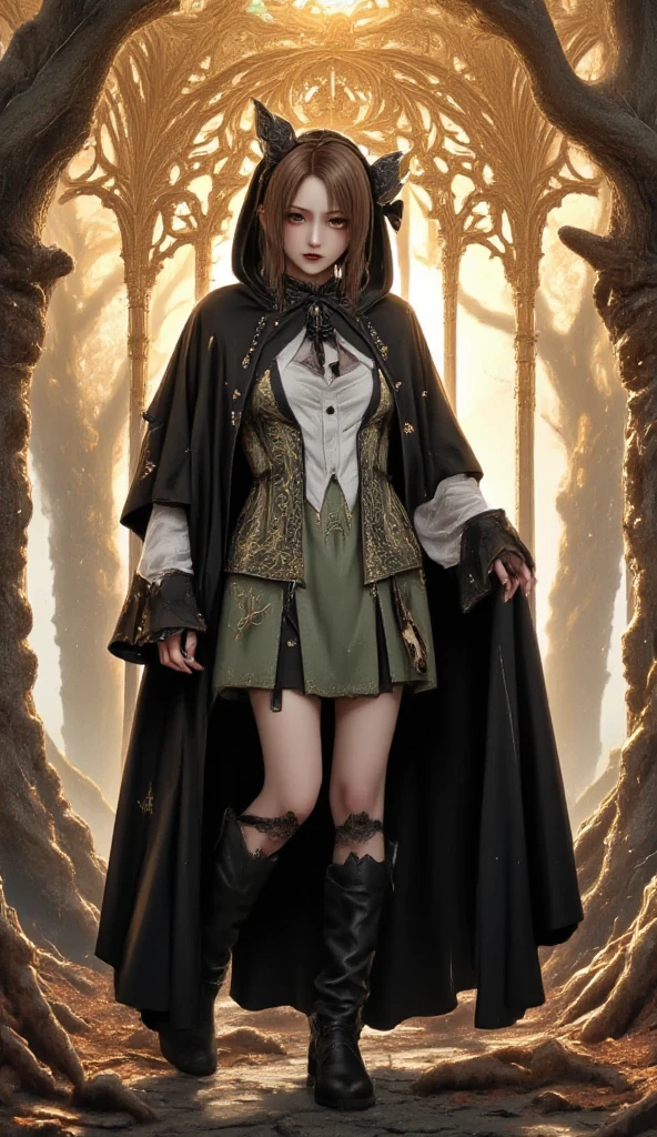 best quality, masterpiece, melina \(elden ring\),1 girl, solo, brown hair,medium curly hair, black cloak with hood,orange eyes,(Tunic with white inside and light green outside:1.5),belt,boots,full body, ashes and sparks in the air, (closed left eyes:1.5),(Scar on left eyes:1.5), 8k, high resolution, ultra detailed, professional digital painting, epic cinematic lighting, trending on artstation, 4k, hyperrealism, focused, extreme details, unreal engine 5, cinematic, masterpiece,There is a large golden glowing tree that seems to reach out into the universe, There are huge, golden trees that seem to stretch out into the universe, huge trees are huge horizontally and the size of swallowing stars,Girl resting under a giant tree, staring up at the giant tree