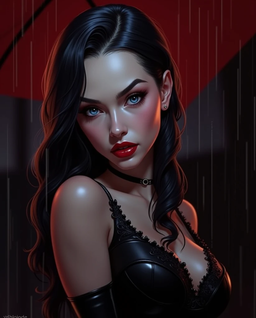 charming witch (Selena Gomez), bewitching bedroom eyes, thick lips, seductive smile, tanned tan skinned, vampiress, red lipstick, pink glossy lips, metallic eyeshadow, detailed face, slim body, smoky gaze, long hair, glowing eyes, night, under the rain, neon jewelry, sparkling earrings, wet, wet skin, wet hair, punk, tomboy, gothic lolita