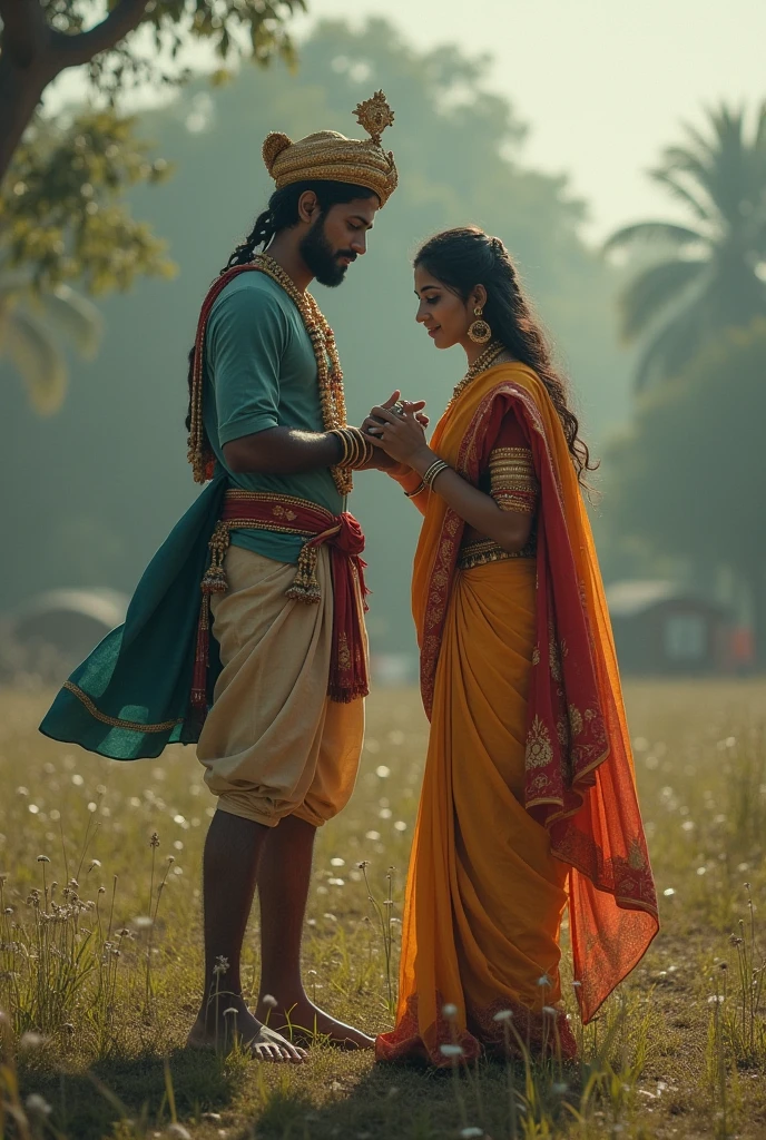 "Radha and Krishna in the Golden Fields: A Divine Bond at Sunset" In this ethereal artwork, the divine couple Radha and Krishna are depicted amidst golden fields, bathed in the warm glow of the setting sun. Their serene expressions and tender connection symbolize eternal love and spiritual unity.