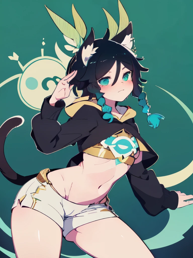 Venti stands in a sexy pose, Venti has average medium breasts, Venti has cat ears and a tail, Venti is wearing a short hoodie and shorts, venti is blushing and very shy. 2 young girls, thighs, flat belly, arched back