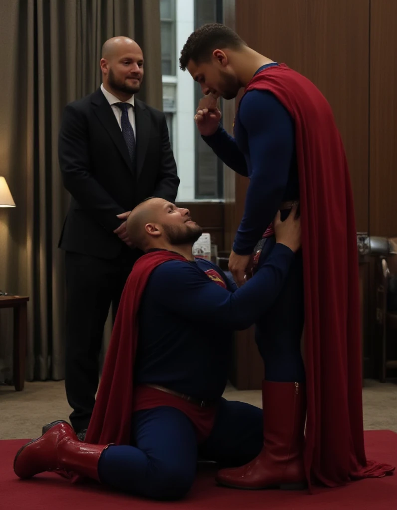 Lex,bald man,stand by Superman. Lex,bald man, wearing black suit.Superman Kneel down on his knees and begs Lex,bald man, for forgiveness kiss. Lex,bald man, reached out his lips for Superman to kiss as a sign of submission. In a secret room, a handsome man in a superman costume (think movie version of Superman-black undercut, blue tights and red cape and red boots and red briefs).full body photo . In the Ten Thousand People Square