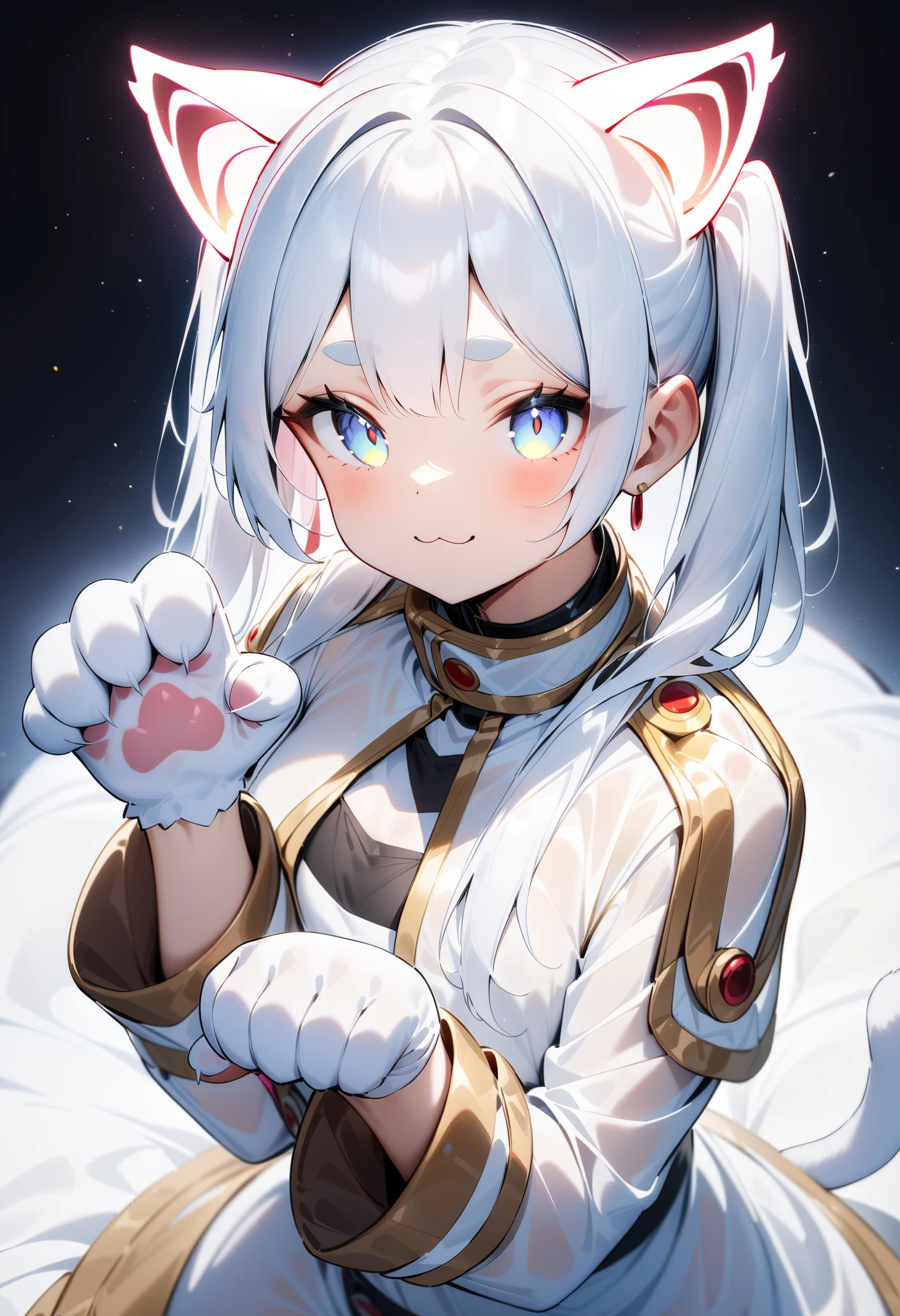 masterpiece, best quality, very aesthetic, absurdres, 
frieren, white cat cosplay, glowing ears,cat ears, :3, (Cat Hand Glove, paw pose)