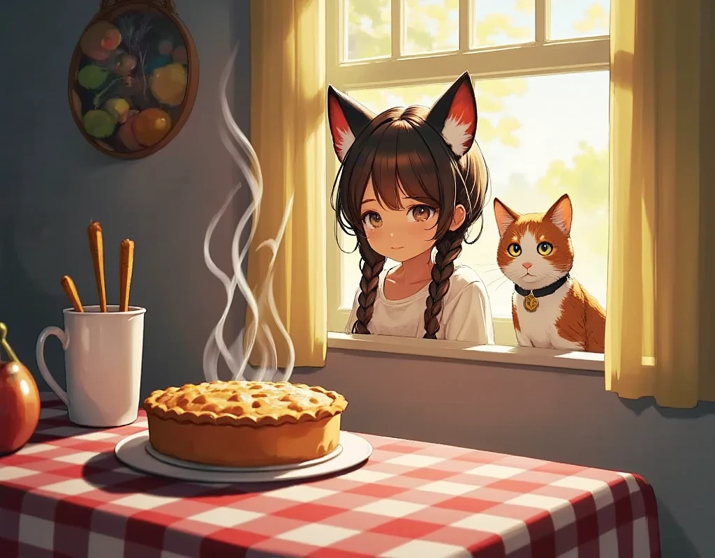 masterpiece, top quality :1.2,（ big eyes,Cross pattern ）、（ girl stares at apple pie）There is an apple pie on the kitchen table ,smoke,The girl and cat are looking at the apple pie from outside the window,alone,girl,cat-eared girl,she peeks into the kitchen through the window,her hair is dark brown, braids, beside a calico cat ,  The cat has a bell collar 、 gentle and cute illustration ,high details