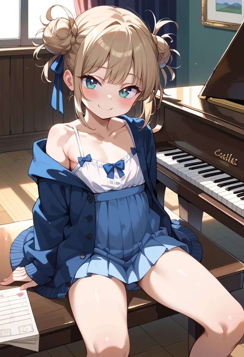 (( top quality )), ((masterpiece)), (be familiar with), perfect face, indoor, bedroom,  looking at viewers,
One woman, I was,
開いた口,  ecstatic expression beside the piano, blush, smile,
 small tits,  flat chest, Young girl, Lori,  s,  girl,
 long hair,  twin bun hair ,
Leg spread,