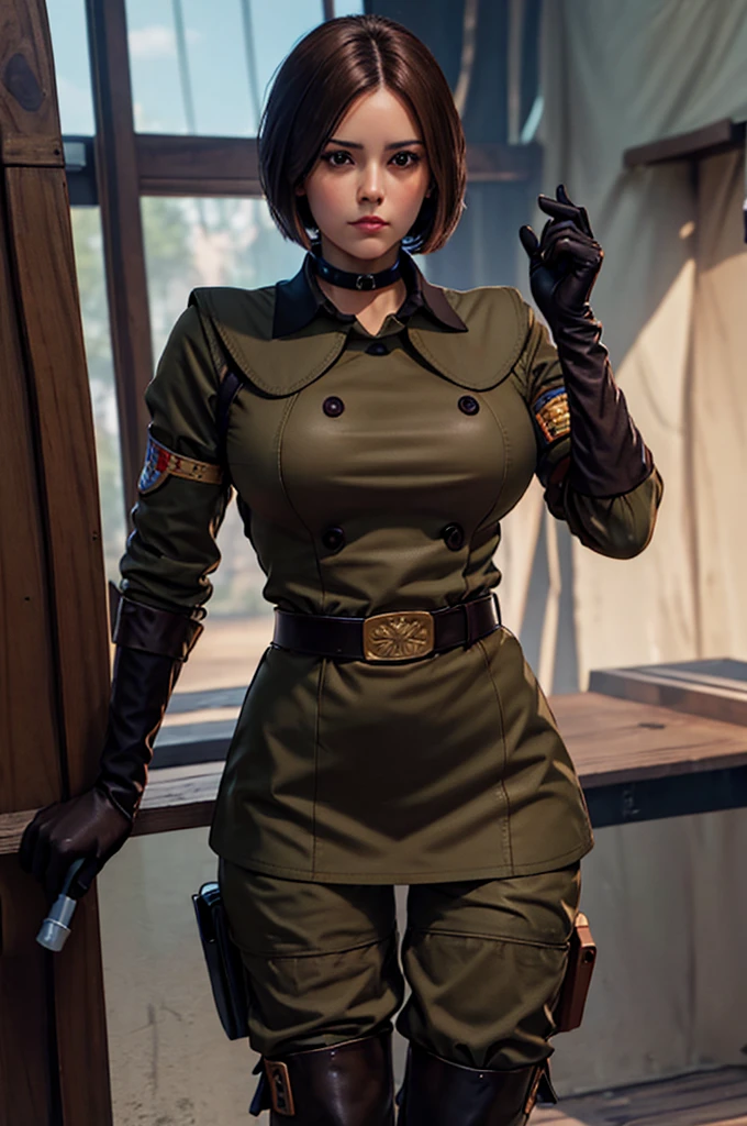 (cinematic lighting, textured skin, award winning, super detail, anatomically correct, UHD, 1080P, HD, 16k),Usually detailed CG Unity 8K wallpaper，（masterpiece），（best qualtiy），（ultra - detailed），（Ultra photo realsisim），（best character detail：1.36），Nikon D750 f / 1.4 55mm，RAW photo，profesional lighting， physically-based renderingt, 1girll, Female soldier，(dark green military uniform，Fabric texture military uniform，(Long-sleeved suit))，(black necktie)，((White garter stockings:1.2),(white panty:1.25))，Bare legged，Plump legs，Black hair，(military hat)，((Large wavy curls,curly hair, hair behind ear, (bob cut)):1.2)，the golden ratio,[:(com rosto detalhado:1.2):0.2]:，PureErosFace_V1，thick bushy eyebrows，broad shoulder,(gigantic breasts:1.35),(gigantic ass:1.55),(Plump thighs:1.45),(stick out buttocks:1.5),(Wide crotch:1.55),(I looked up from below:1.55)，((Hands on the buttocks，sitted，Look from your hips，close-up shot from behind,Close-up Shot Shot))，((A bright smile，confident smile,pout):1.25),((On the snowy mountain，night，Starry Sky):1.35)，((Close-up of panties，Buttocks close up，facial closeups))，Sunset sky，Gentle sunshine，sunshine on face，The light shines on the face，Blue sky，setting sun，light glow，White teeth，(Look at me:1.3)，looking at me，((curvy accentuated booty，azur lane style，lit from behind)),