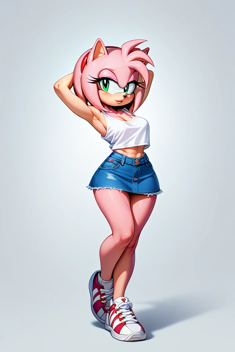 Amy rose. Boobs. Sleeveless shirt. Low-cut top. Mini denim skirt. Sneakers. Sexy pose. Showing breasts shirt up. Showing underwear. Skirt up 