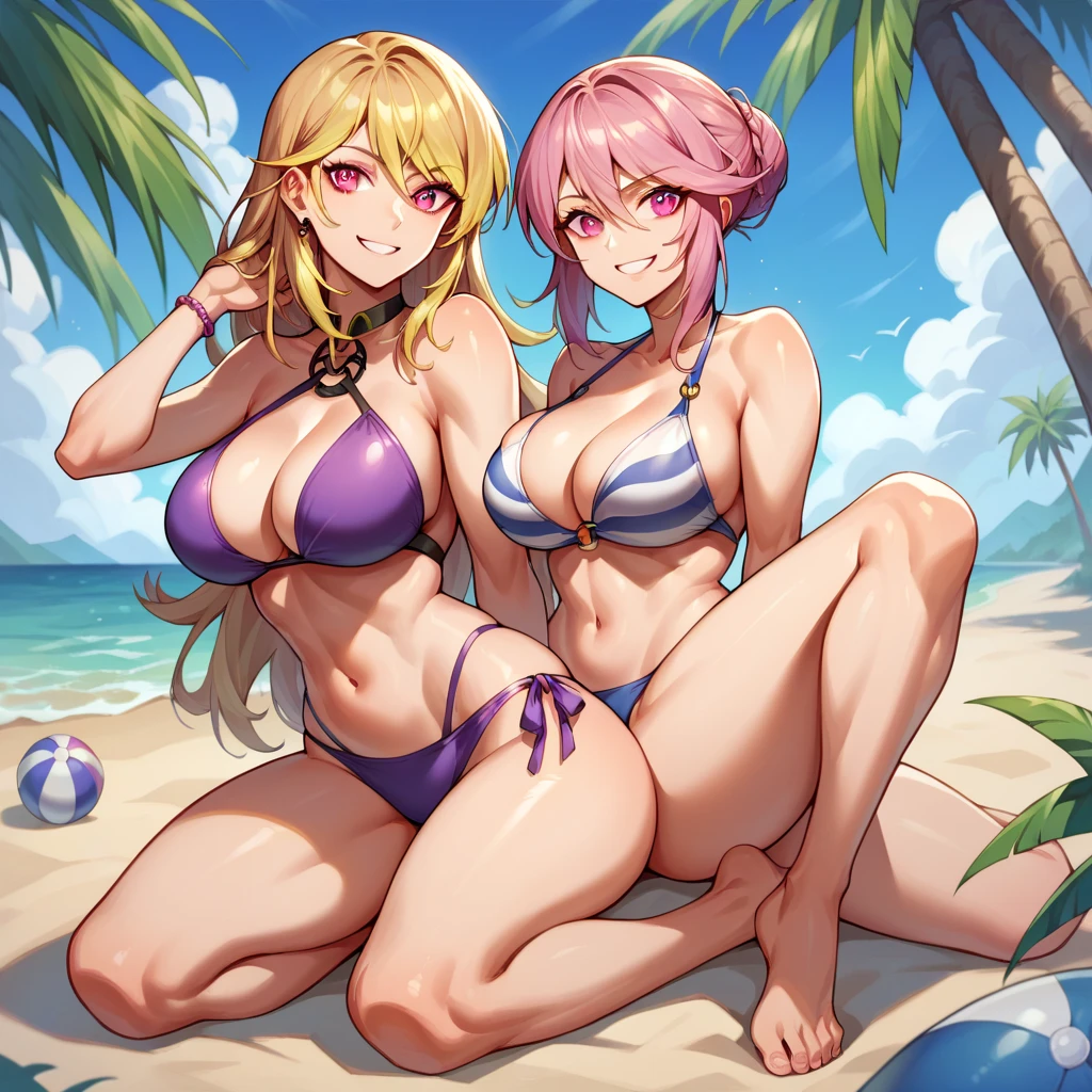 NSFW.
Mitsuri Kanroji, Demon Slayer, long pink hair, bright green eyes.
  black sunglasses on head.
  explosion covering the right eye.
  Beach background, (sunset).
   black micro bikini, only micro bikini.
  neutral eyes, smiling mouth, closed mouth
  under umbrella     lying on the floor, lying on back, legs crossed, large breasts