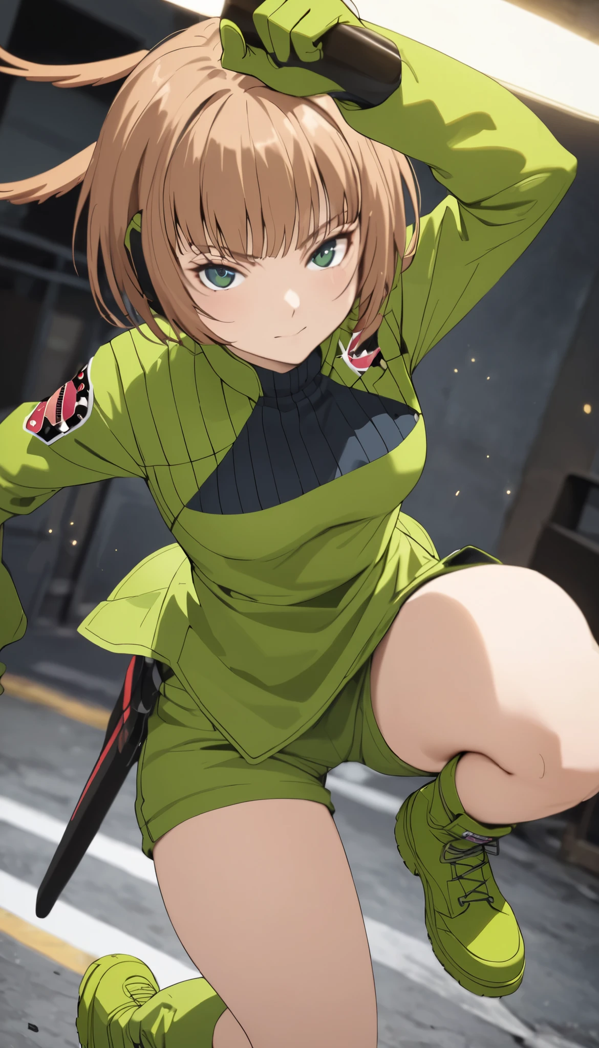 Konami,live-action、 real、 1 girl, looking at viewers, green jacket , gloves, Green Shorts , green footwear, masterpiece, top quality , Dynamic Poses、