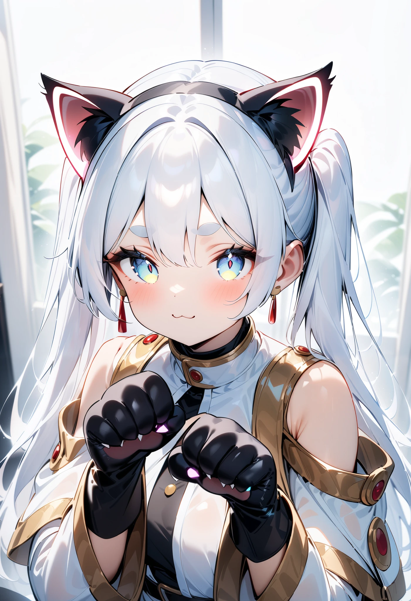 masterpiece, best quality, very aesthetic, absurdres, 
frieren, black cat cosplay, glowing ears,cat ears, :3, (Cat Hand Glove, paw pose)