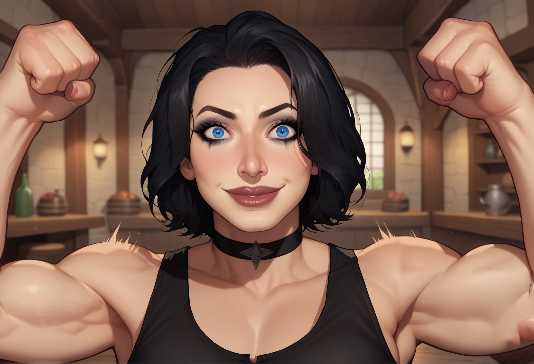 (((beautiful, high quality, comics style, detailed face))), score_9, score_8_up, score_7_up, BREAK, human, ((bignoselady, large nose, aquiline)), thick lips, goth girl aesthetic, tank top, jacked, beefy, muscular, tank top, sexy face, full makeup, crazy smile:1.4, wearing black choker, black hair, crazy eyes, large eyes, blue eyes. FLEXING, solo:1.4, looking at the viewer, front view, from below, tavern, fantasy, blurred background, (dynamic lighting:1.1) ((masterpiece)), Expressiveh, detailx