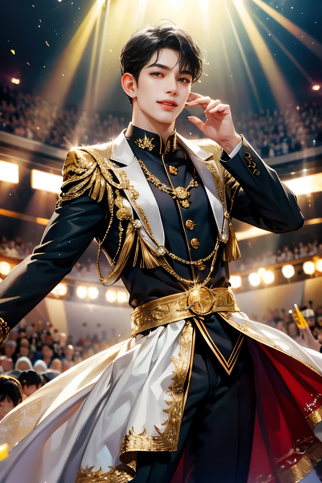 Sweet-faced man, black hair, wearing idol clothes, idol, looking at audience, front view, toothless smile, standing on stage, sparkling, spotlight, high detail, front, man, sweet man, male cloth, sparkling costume, Beautiful face like a woman but is actually a man., ระยะใกล้, half body, half body photo