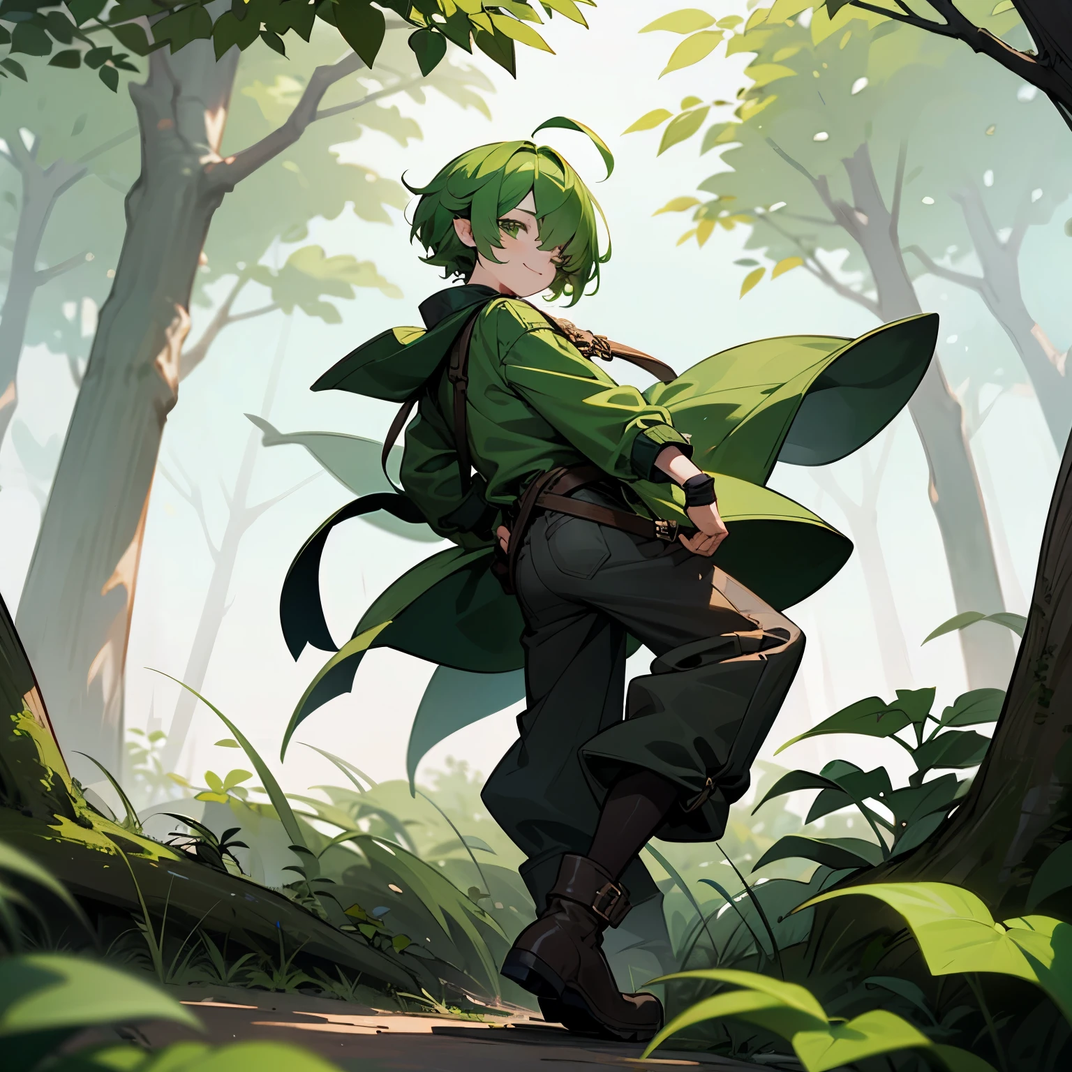 (boy), Dryad, green ivy hair, green eyes, short cut, side part, ahoge, hair over one eye, thin eyebrows, smiling, young, alone, short, Shota, overall, coat, long boots, plant hair accessory, wide pants, harness, fingerless glove, belt, Solo, mild hunched back, lean against a tree
