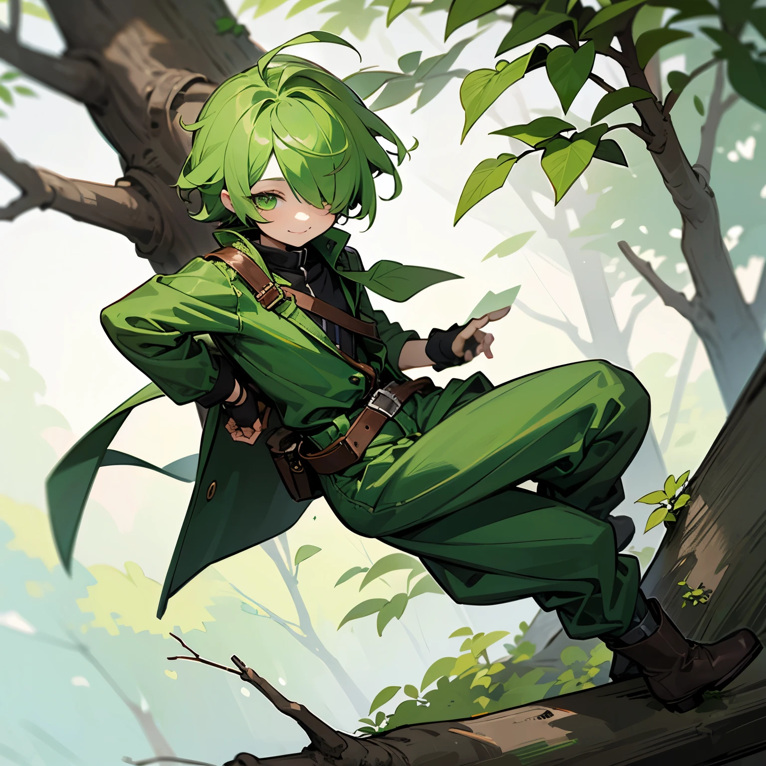 (boy), Dryad, green ivy hair, green eyes, short cut, side part, ahoge, hair over one eye, thin eyebrows, smiling, young, alone, short, Shota, overall, coat, long boots, plant hair accessory, wide pants, harness, fingerless glove, belt, Solo, mild hunched back, lean against a tree
