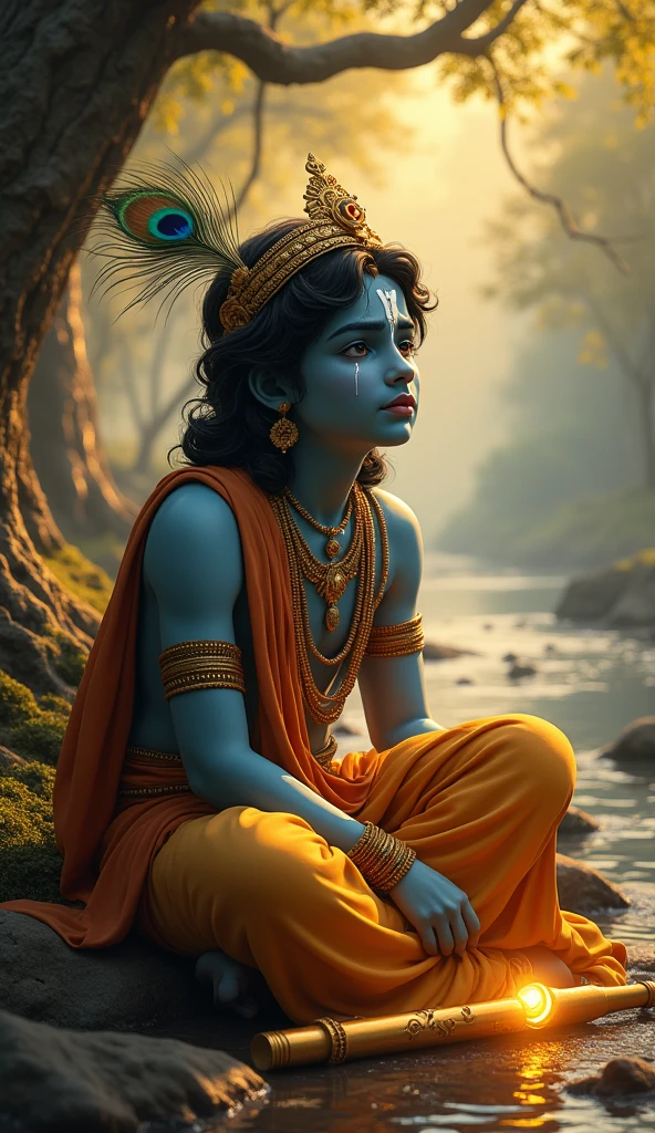 Krishna with blackish blue body 4k image smile on face sitting near the river and facing in the sky legs inside the water and peakcock dancing
