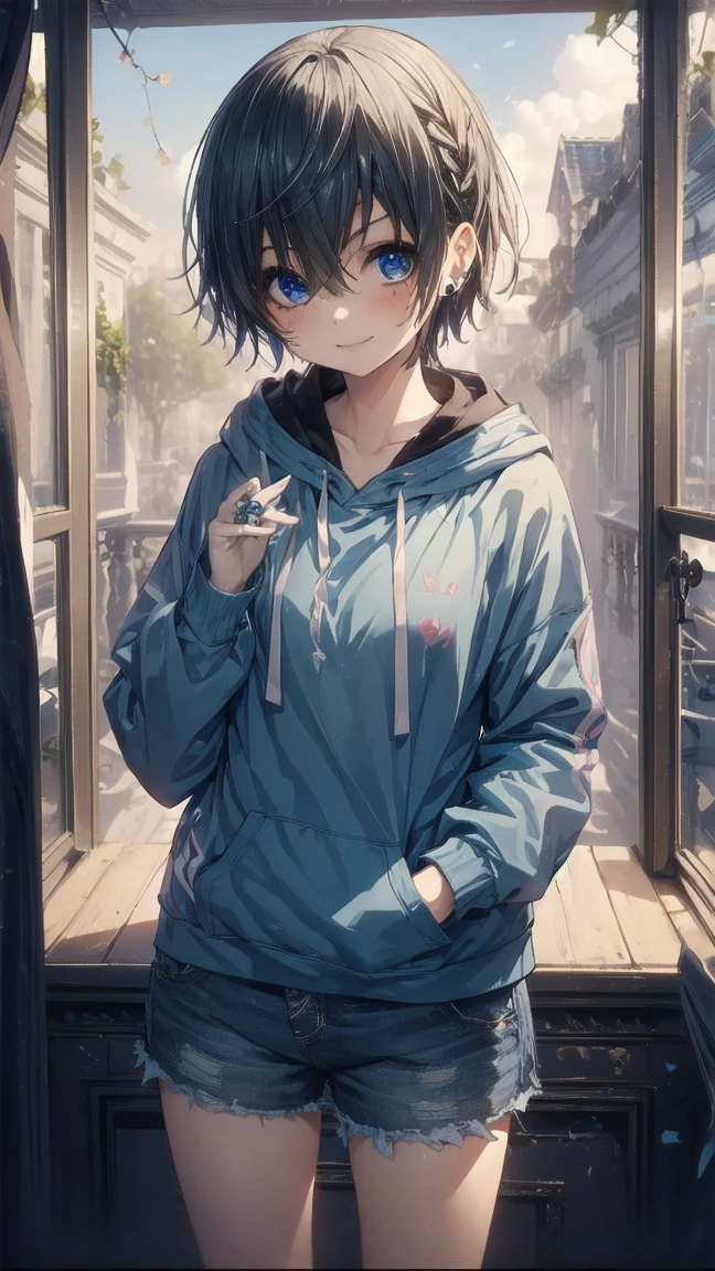       One Girl      ,       shortcuts,      indigo hair  、 beautiful girls  、    chest looks like a board  、 smile,   small tits,   College Student  、 boyish 、 long side burn on one side、
 short hair、  golden eyes、  cute、 small tits、 shorts、 hoodie、 small breasts、No piercing