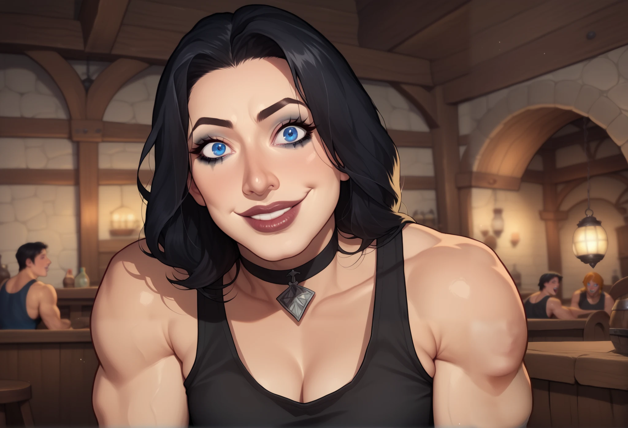 (((beautiful, high quality, comics style, detailed face))), score_9, score_8_up, score_7_up, BREAK, human, ((bignoselady, large nose, aquiline)), thick lips, goth girl aesthetic, tank top, jacked, beefy, muscular, tank top, sexy face, full makeup, crazy smile:1.4, wearing black choker, black hair, crazy eyes, large eyes, blue eyes. FLEXING, solo:1.4, looking at the viewer, front view, from below, tavern, fantasy, blurred background, (dynamic lighting:1.1) ((masterpiece)), Expressiveh, detailx