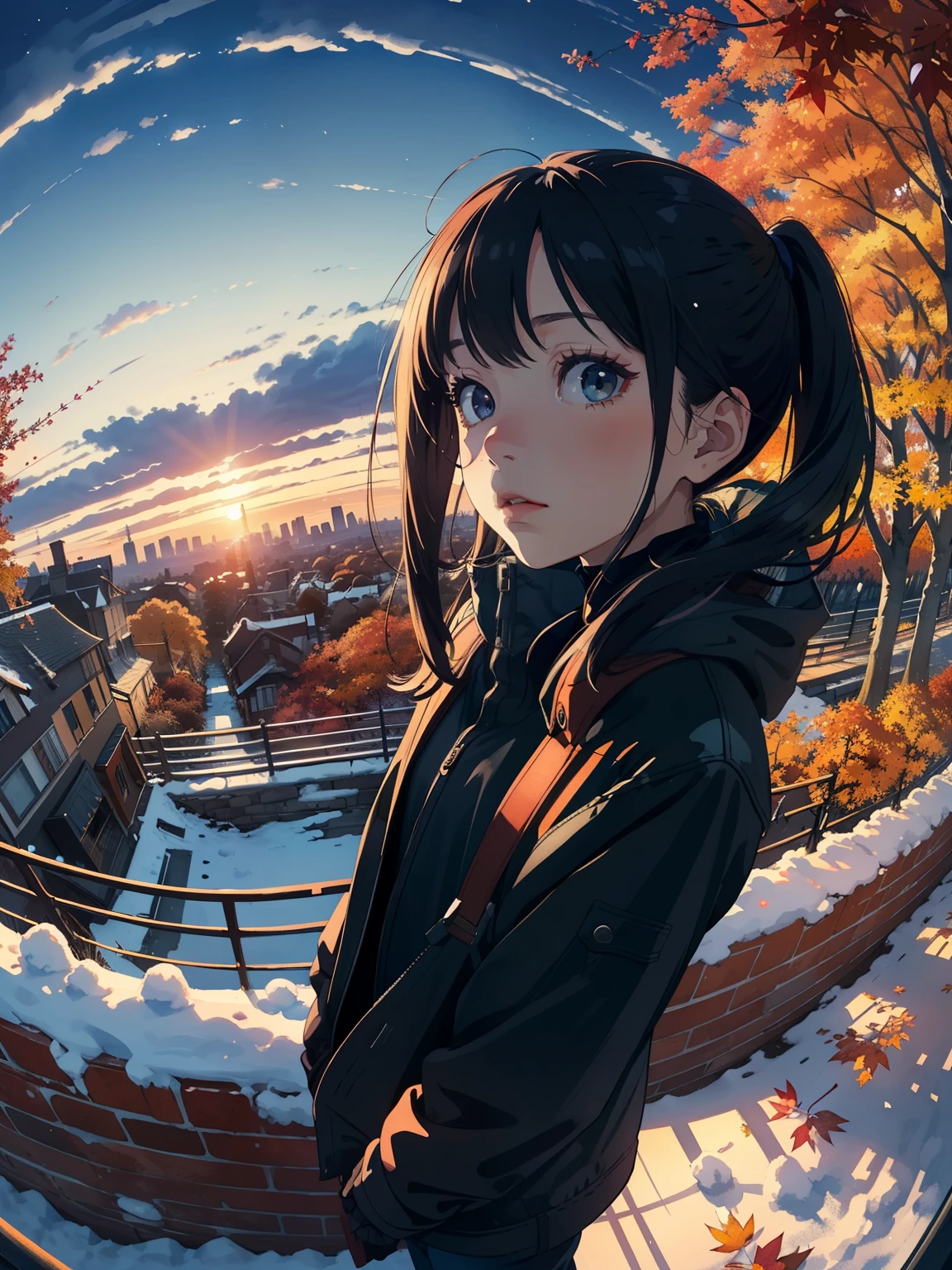 masterpiece，top quality， high image quality，( super flat ， flat shading  )， fisheye lens，Park garden overlooking the autumn city， fall foliage，Snow Scene，Autumn sky，At dusk， Beautiful Sunset ，Wide angle， bright color，watercolor,  Ghibli style，Strong winds， girl &#39;Lure，