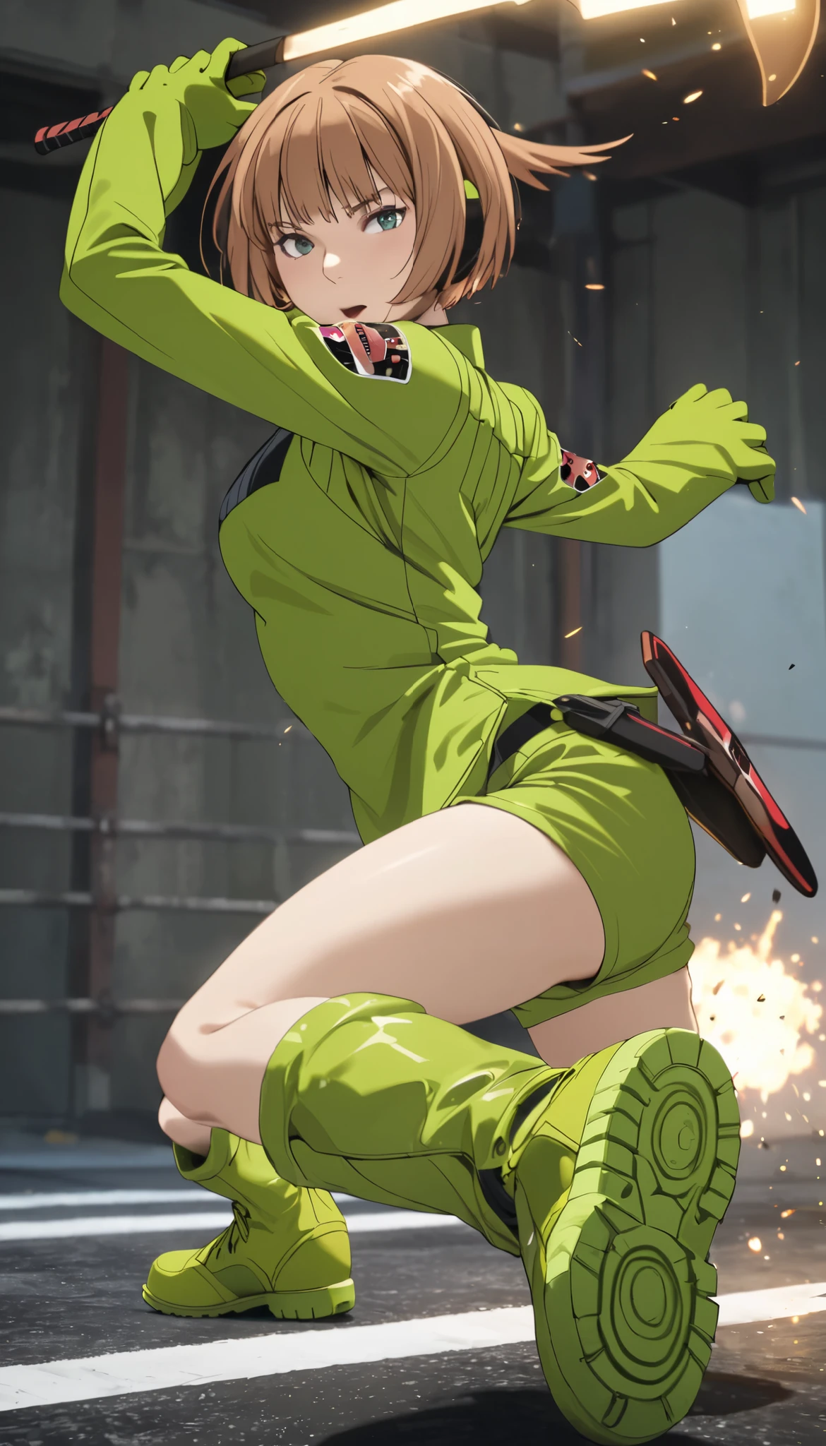 Konami,live-action、 real、 1 girl, looking at viewers, green jacket , gloves, Green Shorts , green footwear, masterpiece, top quality , Dynamic Poses、kick、