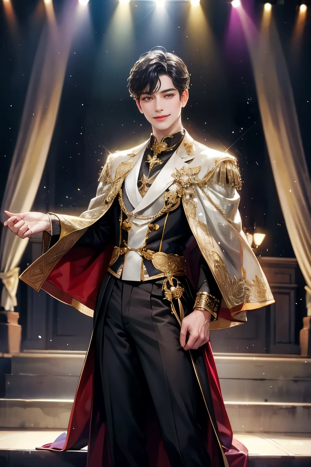 Sweet-faced man, black hair, wearing idol clothes, idol, looking at audience, front view, toothless smile, standing on stage, sparkling, spotlight, high detail, front, man, sweet man, male cloth, sparkling costume, Beautiful face like a woman but is actually a man., ระยะใกล้, half body, half body photo