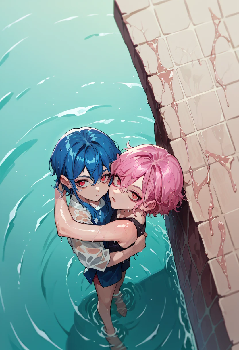 score_9, score_8_above, score_7_above, score_6_above, source_anime, 2 s, Stacking ,  wet, in this, 
pink hair, blue hair,  looking at the viewer,peladas bucetas wets e gozados cara de safada vergonha e tesão 