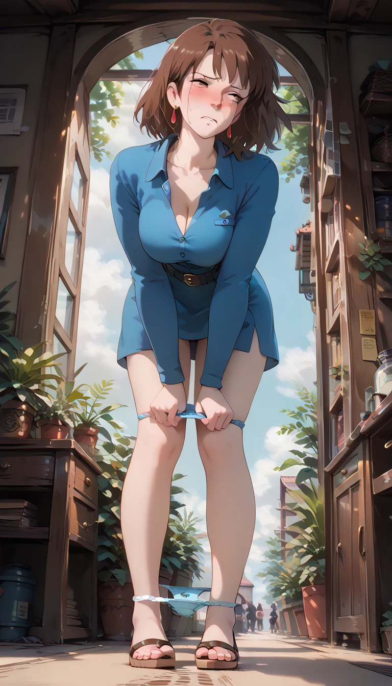 (wearing clothes:1.5)(cleavage ,open shirts:1.0)(withdrawn face:1.6)(narrowed eyes:1.7) ((Knee Level Panties :1.2)), ((( Panties Between Her Knees:1.2))),　ghibli style style source_ anime anime_ coloring (Nausicaa,1girl,brown hair,　medium hair,　brown eyes, breasts, Nausicaa,1girl,brown hair,　medium hair,　brown eyes, breasts, earrings, (v neck blue dress:1.3), chest bullet holder, long_ sleeves, belt, Big Breasts)　 4K Masterpiece Top Quality High Definition:  super resolution super detailed, (standing:1.0)(inner thig:1.6) (full body:1.5 ) throw (light blue Panties Pull Down:1.4) (front angle shot:1.3)(looking to side:1.5) (bent over:1.4)(worm view:1.5) (clenched teeth:1.0) (scowl:1.1) (hate:1.2)(1girl) ,nose blush (embarrassed,blush:1.5) (feeling weak:1.3),(shamefull:1.2), surprised (Pull Down Panty:1.2) Pull Down Panty 