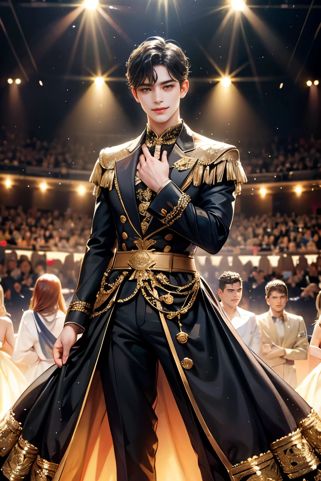 Sweet-faced man, black hair, wearing idol clothes, idol, looking at audience, front view, toothless smile, standing on stage, sparkling, spotlight, high detail, front, man, sweet man, male cloth, sparkling costume, Beautiful face like a woman but is actually a man., ระยะใกล้, half body, half body photo