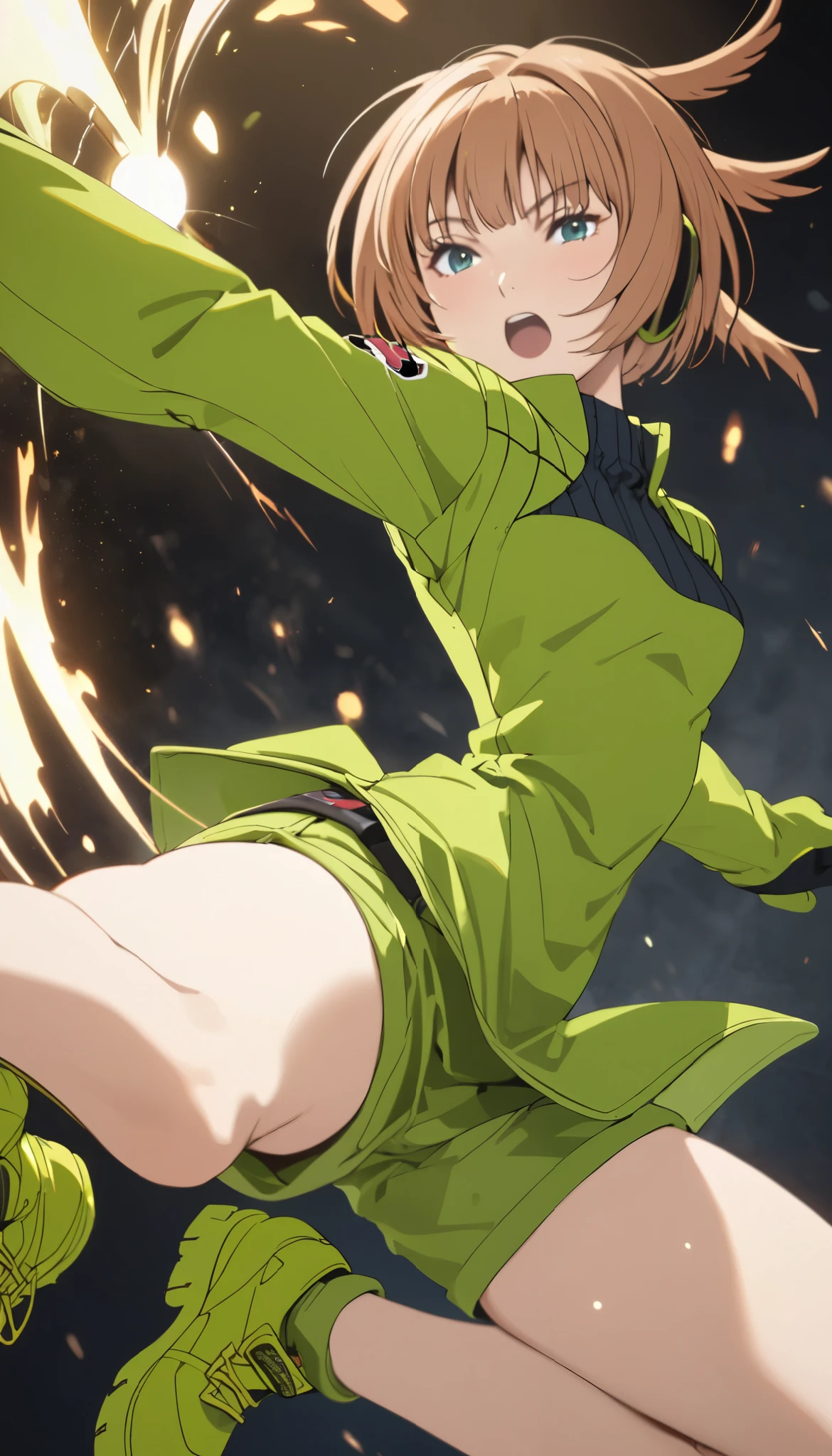 Konami,live-action、 real、 1 girl, looking at viewers, green jacket , gloves, Green Shorts , green footwear, masterpiece, top quality , Dynamic Poses、Spinning