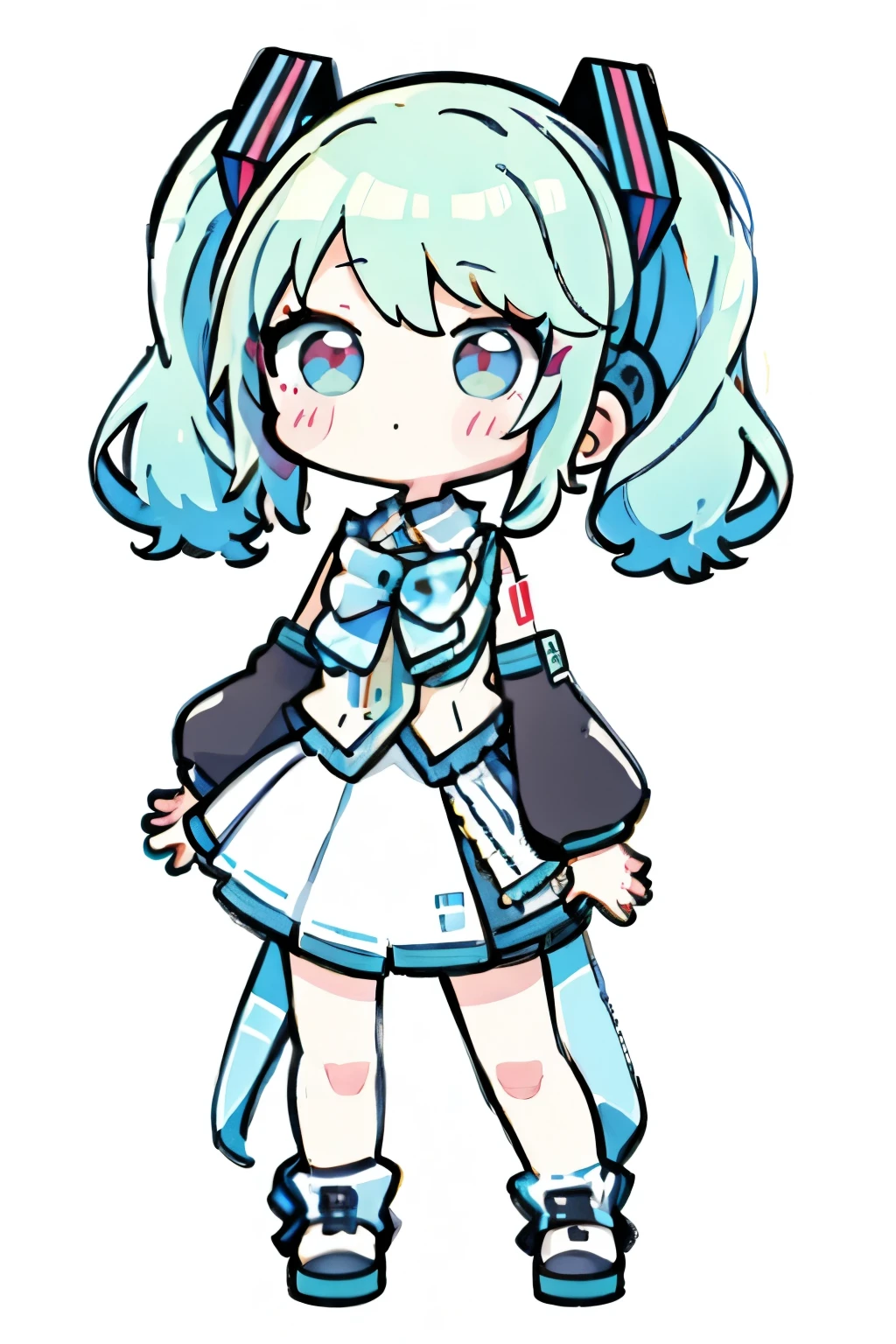 
 girl ,alone,nozo chibi,  blush sticker , ( chibi:1.4),  simple background,  full body,  is standing， Hatsune Miku ，Perfect Hatsune Miku 