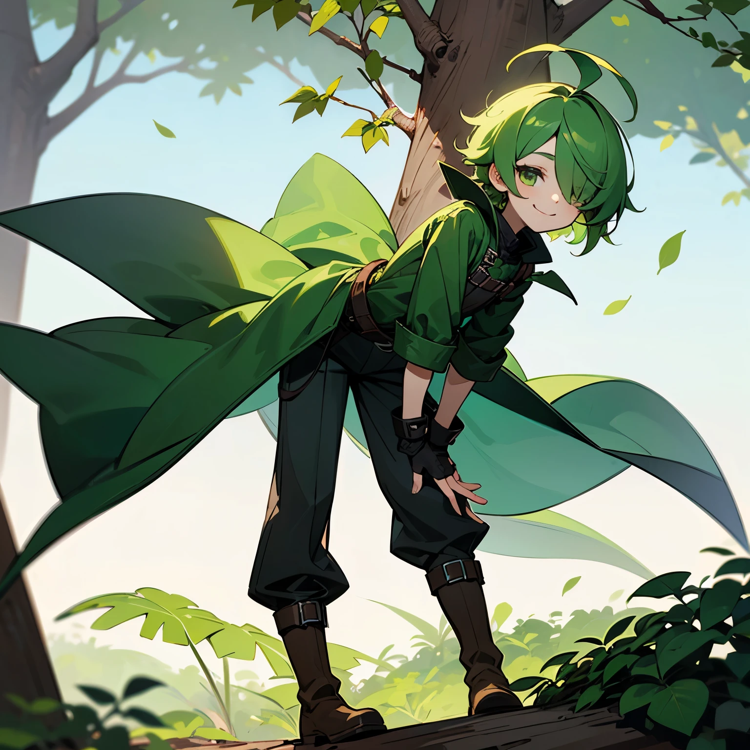 (boy), Dryad, green ivy hair, green eyes, short cut, side part, ahoge, hair over one eye, thin eyebrows, smiling, young, alone, short, Shota, overall, coat, long boots, plant hair accessory, wide pants, harness, fingerless glove, belt, Solo, mild hunched back, lean against a tree
