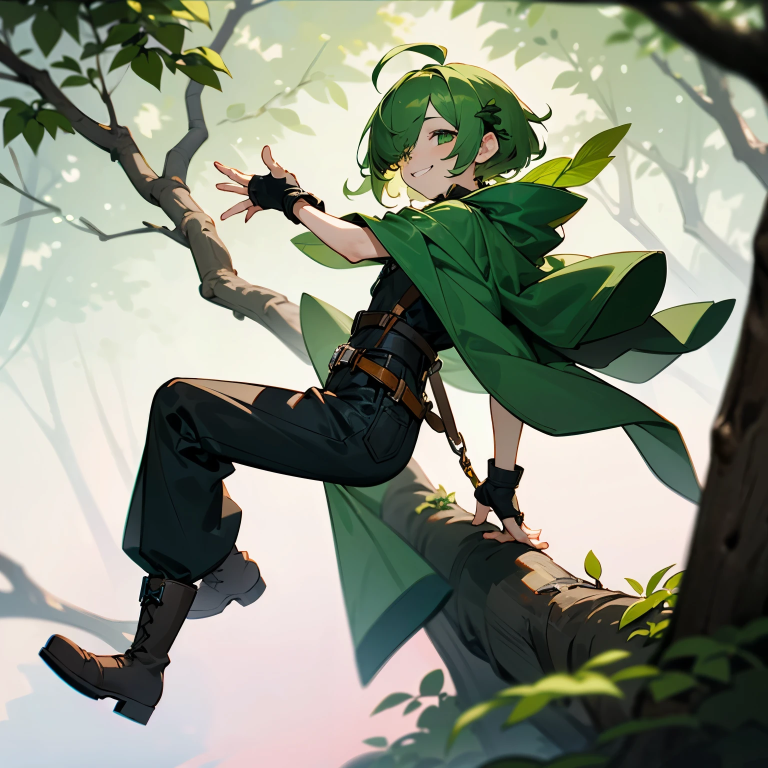 (boy), Dryad, green ivy hair, green eyes, short cut, side part, ahoge, hair over one eye, thin eyebrows, smiling, young, alone, short, Shota, overall, coat, long boots, plant hair accessory, wide pants, harness, fingerless glove, belt, Solo, mild hunched back, lean against a tree
