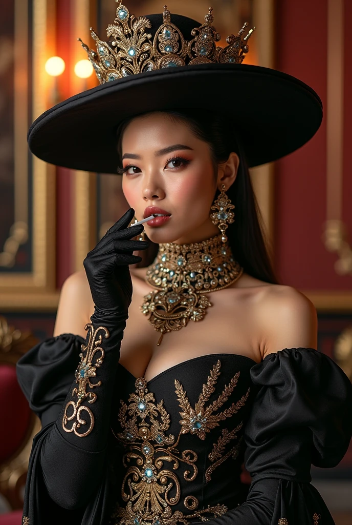I believed a Japanese woman with light skin, long brown hair,white,sexy singer,elegant makeup,((Linda)),((face perfect)) ((blogger)),((perfectbody)) wearing a black jumpsuit with gold,golden nails,lace gloves,((perfect outfit))add a black rose on her head,leaning against the wall 