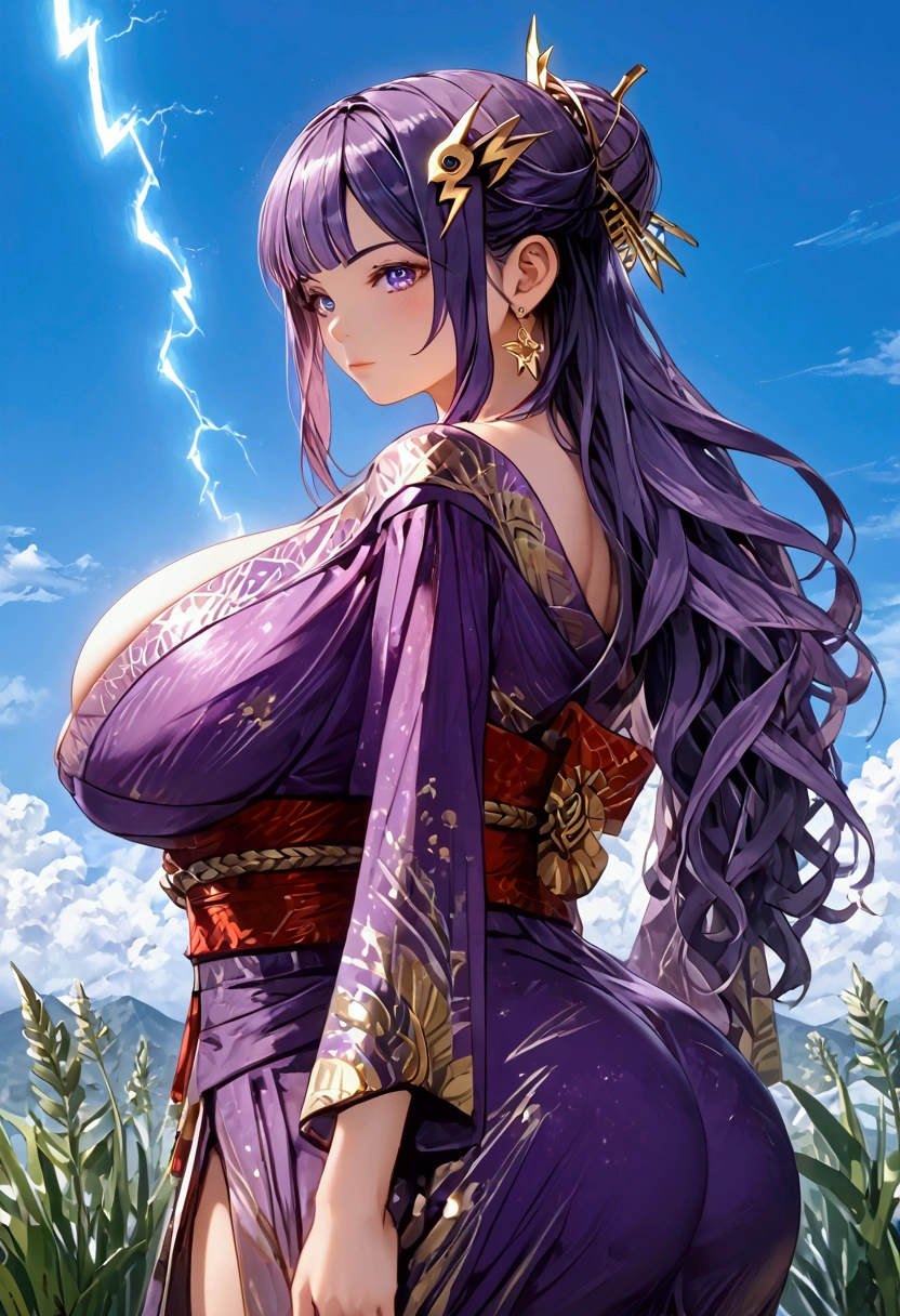 ((( Lightning General)))、(((((Purple Hair)))))、((( longhair )))、(((Purple Kimono )))、(((  gold hair ornament  )))、(((clothing))),(((( super huge ,   abnormally swollen breasts  ))))、(((HYPER Breast))),((( super huge  ass)))、(((   plump body  )))、((( thighs)))、((((( blue sky)))))、(((((Turf)))))、{{{NFSW}}}、{{{masterpiece}}}, {{{ top quality }}}, {{ultra-   Details}}, {{shape}}, {{{        is very delicate and beautiful   }}},{{extremely    Details CG}}、{{   Unity 8k Portrait}}、{{Fabric Shading}}、{{super    Details skin}}、{{    COMPLETE ANATOMY }}、{{   Details}}、{{Moving Light}}、{{{beautiful    Details eyes}}}、{{{beautiful    Details Face}}}、{{{ realistic , Live Anime}}}、{{{   anime paint}}}、(   perfect face)、(非常に   Detailsな顔)、(  perfect eyes)、( ハイライツ)、(  perfect legs )、( Perfect Breasts )、(Perfect pose)、(     perfect body  )、((  cowboy shot))、(((((     Dynamic Depiction    )))))、(((((the above)))))