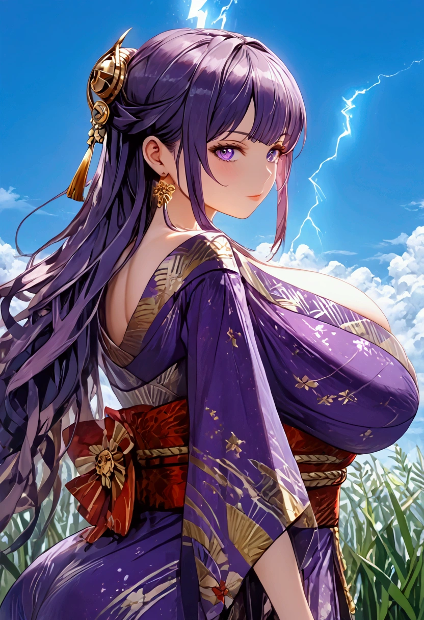 ((( Lightning General)))、(((((Purple Hair)))))、((( longhair )))、(((Purple Kimono )))、(((  gold hair ornament  )))、(((clothing))),(((( super huge ,   abnormally swollen breasts  ))))、(((HYPER Breast))),((( super huge  ass)))、(((   plump body  )))、((( thighs)))、((((( blue sky)))))、(((((Turf)))))、{{{NFSW}}}、{{{masterpiece}}}, {{{ top quality }}}, {{ultra-   Details}}, {{shape}}, {{{        is very delicate and beautiful   }}},{{extremely    Details CG}}、{{   Unity 8k Portrait}}、{{Fabric Shading}}、{{super    Details skin}}、{{    COMPLETE ANATOMY }}、{{   Details}}、{{Moving Light}}、{{{beautiful    Details eyes}}}、{{{beautiful    Details Face}}}、{{{ realistic , Live Anime}}}、{{{   anime paint}}}、(   perfect face)、(非常に   Detailsな顔)、(  perfect eyes)、( ハイライツ)、(  perfect legs )、( Perfect Breasts )、(Perfect pose)、(     perfect body  )、((  cowboy shot))、(((((     Dynamic Depiction    )))))、(((((the above)))))