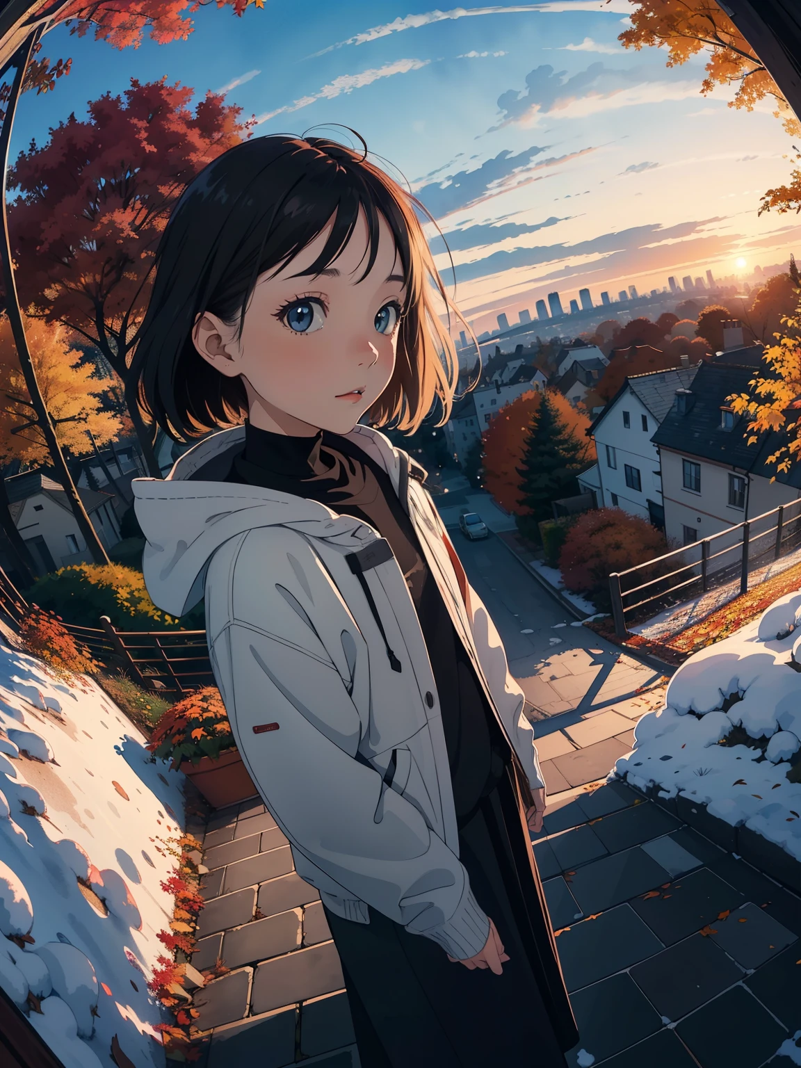 masterpiece，top quality， high image quality，( super flat ， flat shading  )， fisheye lens，Park garden overlooking the autumn city， fall foliage，Snow Scene，Autumn sky，At dusk， Beautiful Sunset ，Wide angle， bright color，watercolor,  Ghibli style，Strong winds， girl &#39;Lure，