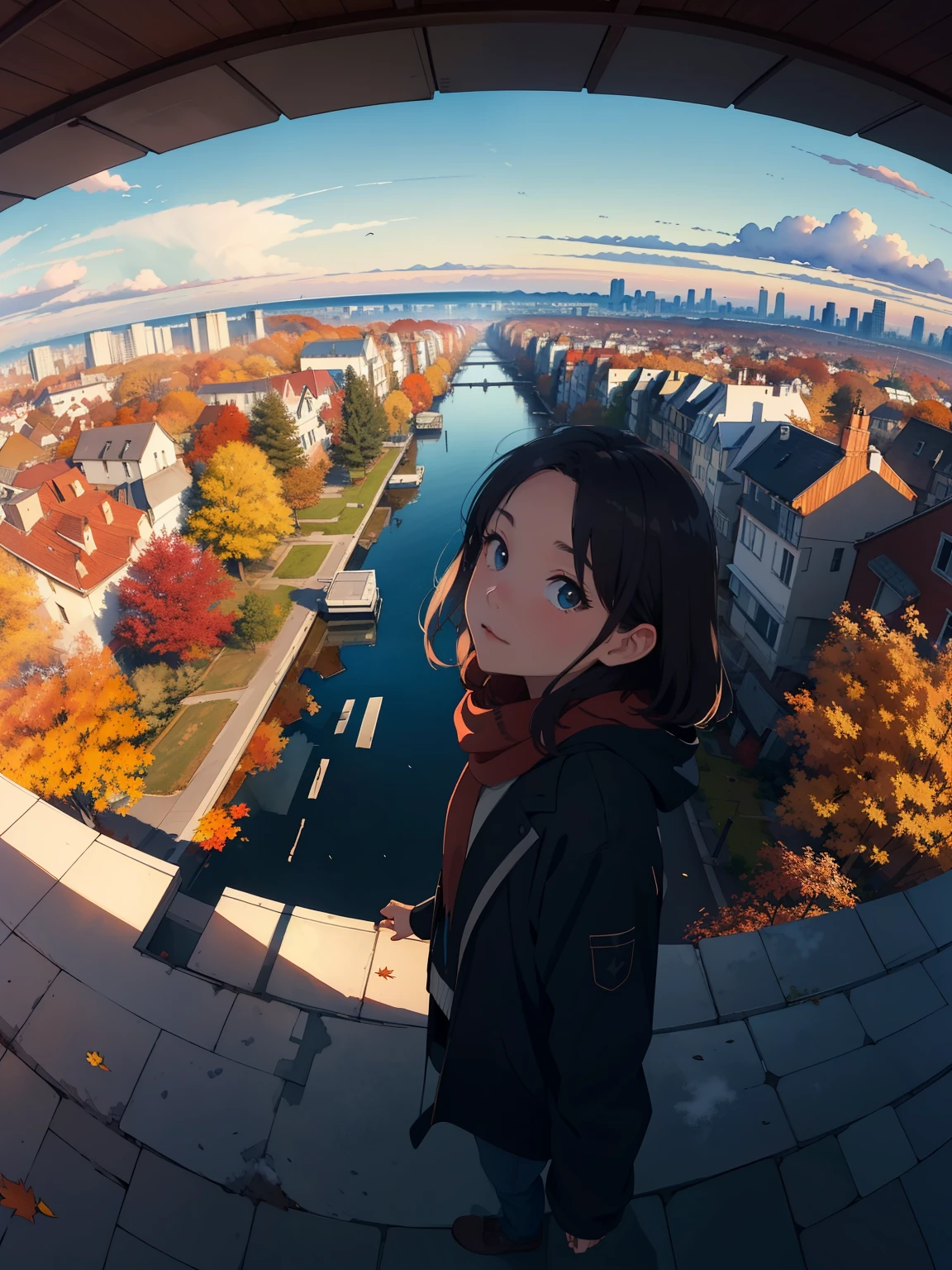 masterpiece，top quality， high image quality，( super flat ， flat shading  )， fisheye lens，Park garden overlooking the autumn city， fall foliage，Snow Scene，Autumn sky，At dusk， Beautiful Sunset ，Wide angle， bright color，watercolor,  Ghibli style，Strong winds， girl &#39;Lure，