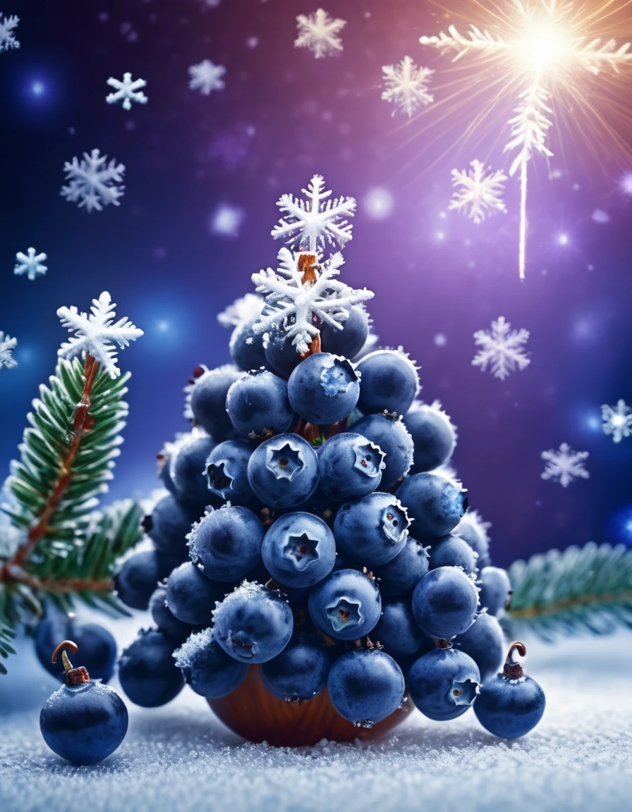 fantasy, space, Universe,  hyperrealism , Christmas tree toy in the form of wild blueberries Vaccinium uliginosum,  close-up , lights, stars, snowflakes,  New Year,  professional photography , volume