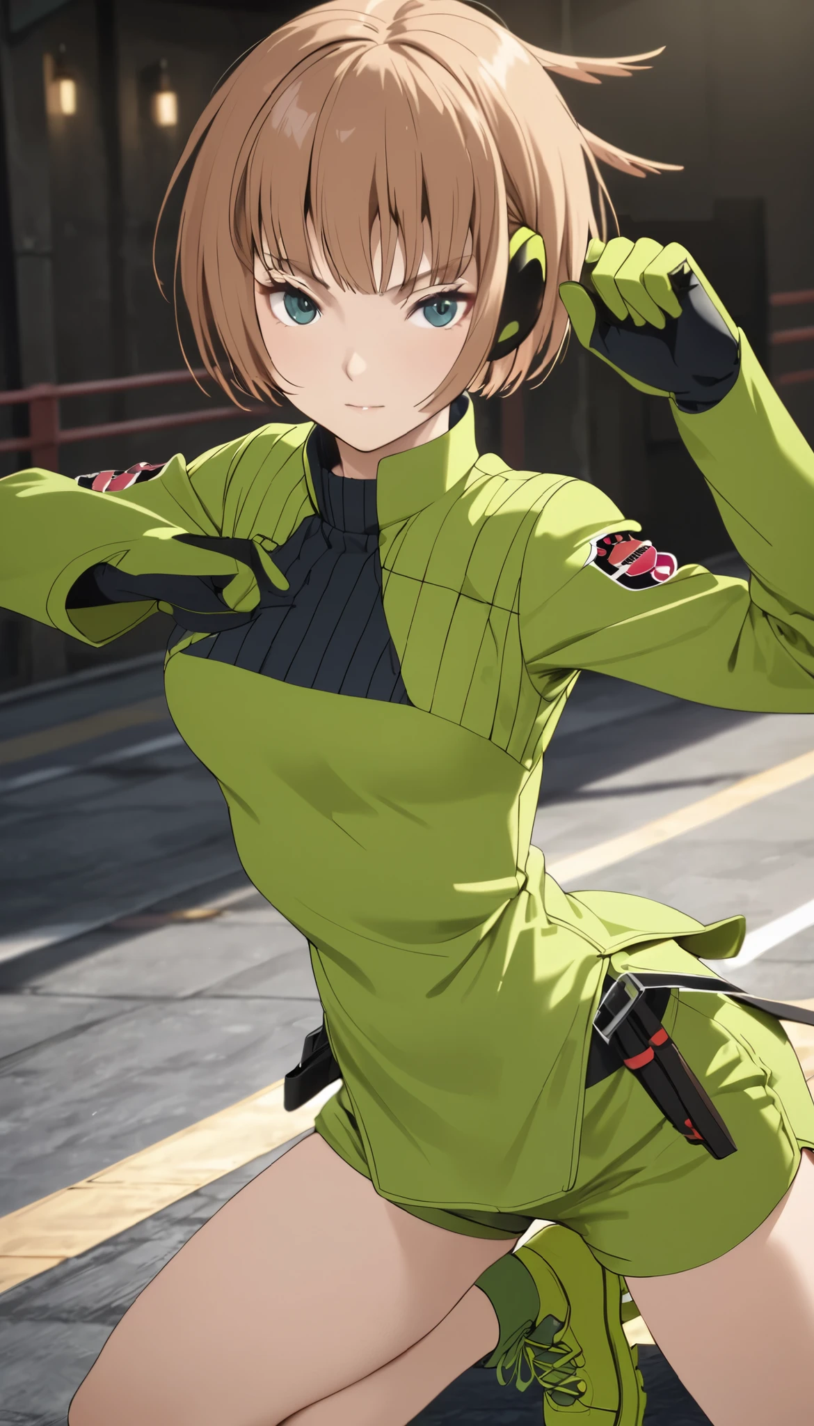 Konami,live-action、 real、 1 girl,  looking at viewers,  green jacket ,  gloves,  Green Shorts , green footwear, Moderate bust、masterpiece, top quality , Dynamic Poses、Tai Chi