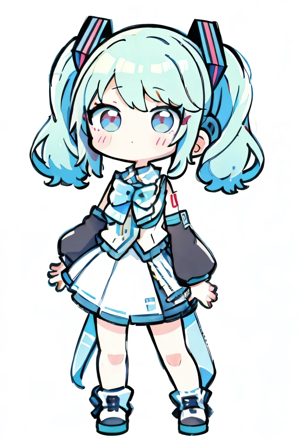 
 girl ,alone,nozo chibi,  blush sticker , ( chibi:1.4),  simple background,  full body,  is standing， Hatsune Miku ，Perfect Hatsune Miku 