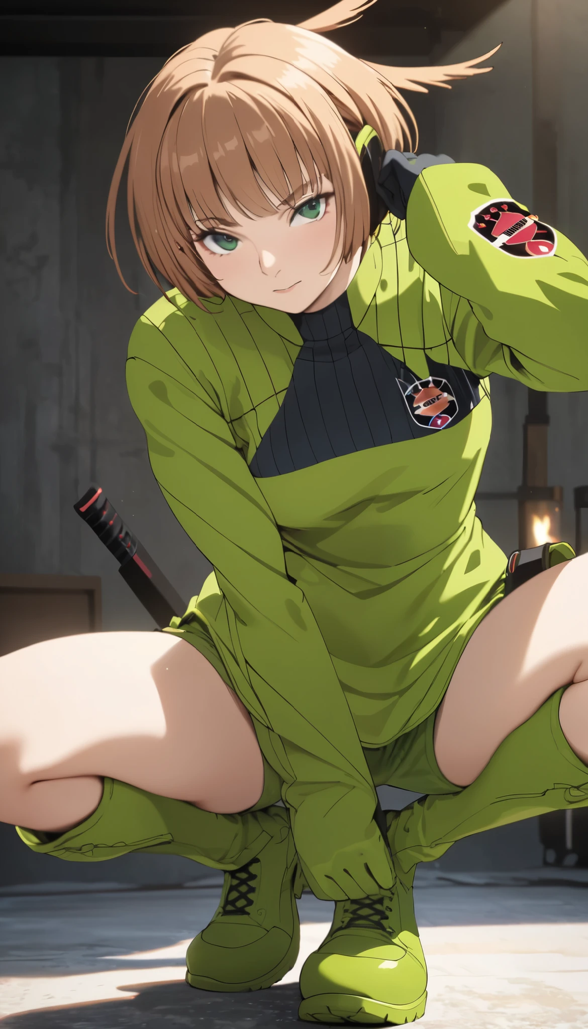 Konami,live-action、 real、 1 girl, looking at viewers, green jacket , gloves, Green Shorts , green footwear, Moderate bust、masterpiece, top quality , Dynamic Poses、 squats