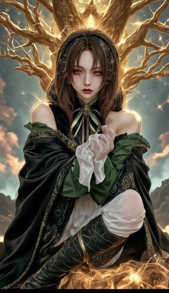 best quality, masterpiece, melina \(elden ring\),1 girl, solo, brown hair,medium curly hair, black cloak with hood,orange eyes,(Tunic with white inside and light green outside:1.5),belt,boots,full body, ashes and sparks in the air, (closed left eyes:1.5),(Scar on left eyes:1.5), 8k, high resolution, ultra detailed, professional digital painting, epic cinematic lighting, trending on artstation, 4k, hyperrealism, focused, extreme details, unreal engine 5, cinematic, masterpiece,There is a large golden glowing tree that seems to reach out into the universe, There are huge, golden trees that seem to stretch out into the universe, huge trees are huge horizontally and the size of swallowing stars,Girl resting under a giant tree, staring up at the giant tree