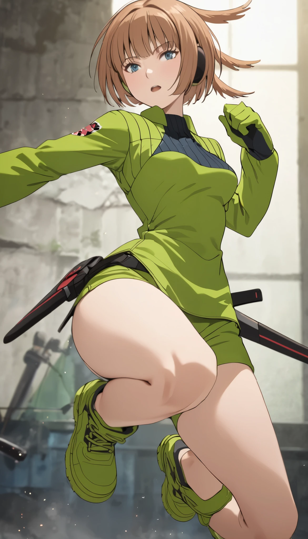 Konami,live-action、 real、 1 girl, looking at viewers, green jacket , gloves, Green Shorts , green footwear, Moderate bust、masterpiece, top quality , Dynamic Poses、 highlight the chest、