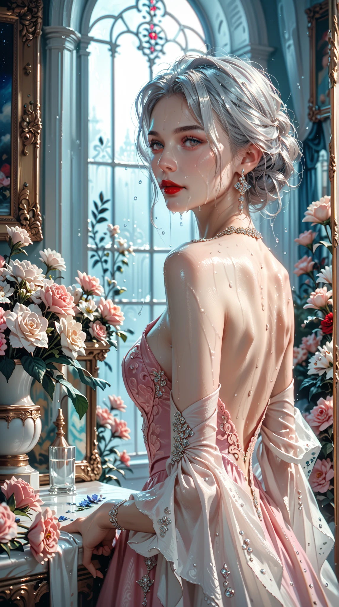  A painting ，Beautiful Night， An elegant lady ， Quiet and elegant ， Cold face ，long silver hair， slender girl in pink dress and red lips，Cold， Mystery，Three gray eyes ， Sharp and calm ,Flowers， On the sleeve Delicately embroidered ， Delicate fingertips 