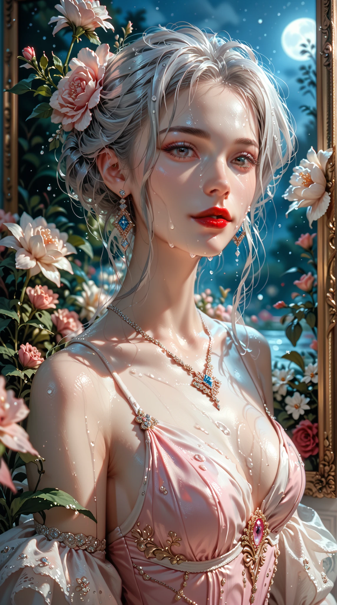  A painting ，Beautiful Night， An elegant lady ， Quiet and elegant ， Cold face ，long silver hair， slender girl in pink dress and red lips，Cold， Mystery，Three gray eyes ， Sharp and calm ,Flowers， On the sleeve Delicately embroidered ， Delicate fingertips 