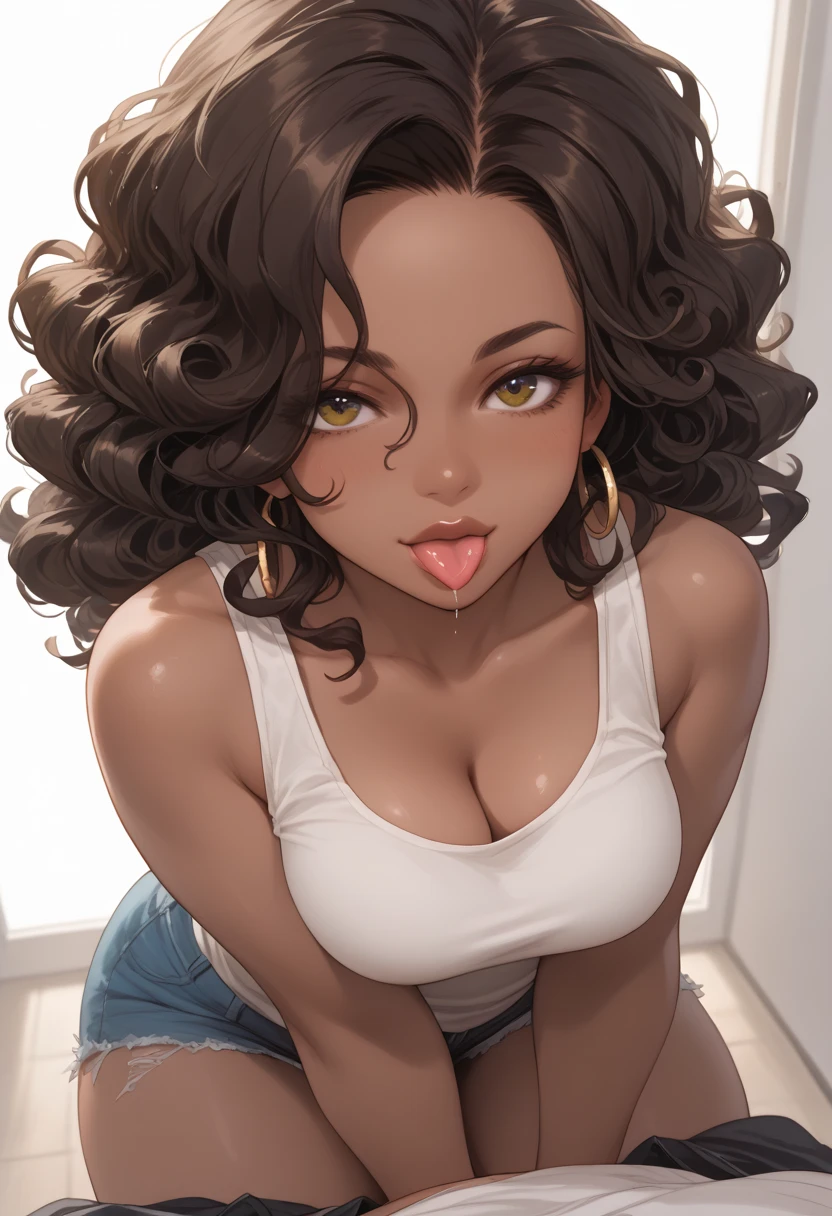 Almond-eyed Dark Mocha-skin tonned African-American woman with Short dark curly hair, juicy lips, a large chest, thick thighs, Perfect hands. She is wearing a white tank top. She is hugging  the viewer in between her open arms with her tongue out and her eyes closed.  Her Breast pushed  up against the  Darkskin man's Chest. Above pov view close up.  face in the foreground 