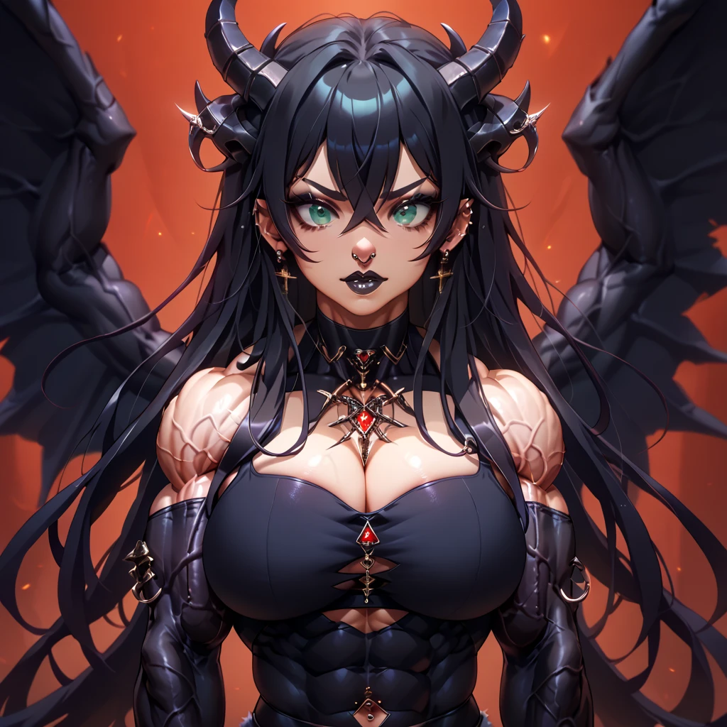 (Extremely detailed CG octane rendered 8K wallpaper), most beautiful artwork in the world, GITSEllie View the entire lens body of your camera, Full dynamic color, iintricate, high detal, Focus sharp, ((Hell Demon,A queen,Twisted Demonic Horn,bronze skin:1 3)),((youth,Sexy model figure,Enchanting figure,Huge cleavage,A sagging breast:1.3)),(black hair color hair,gold eyes),((Flames flicker on clothes,Tiny devil bat wings hide on their backs:1.25)),((Sexy succubus dress,External navel incision,Cut the upper chest outward:1.3)),Volcanoes and gray fog in the background,