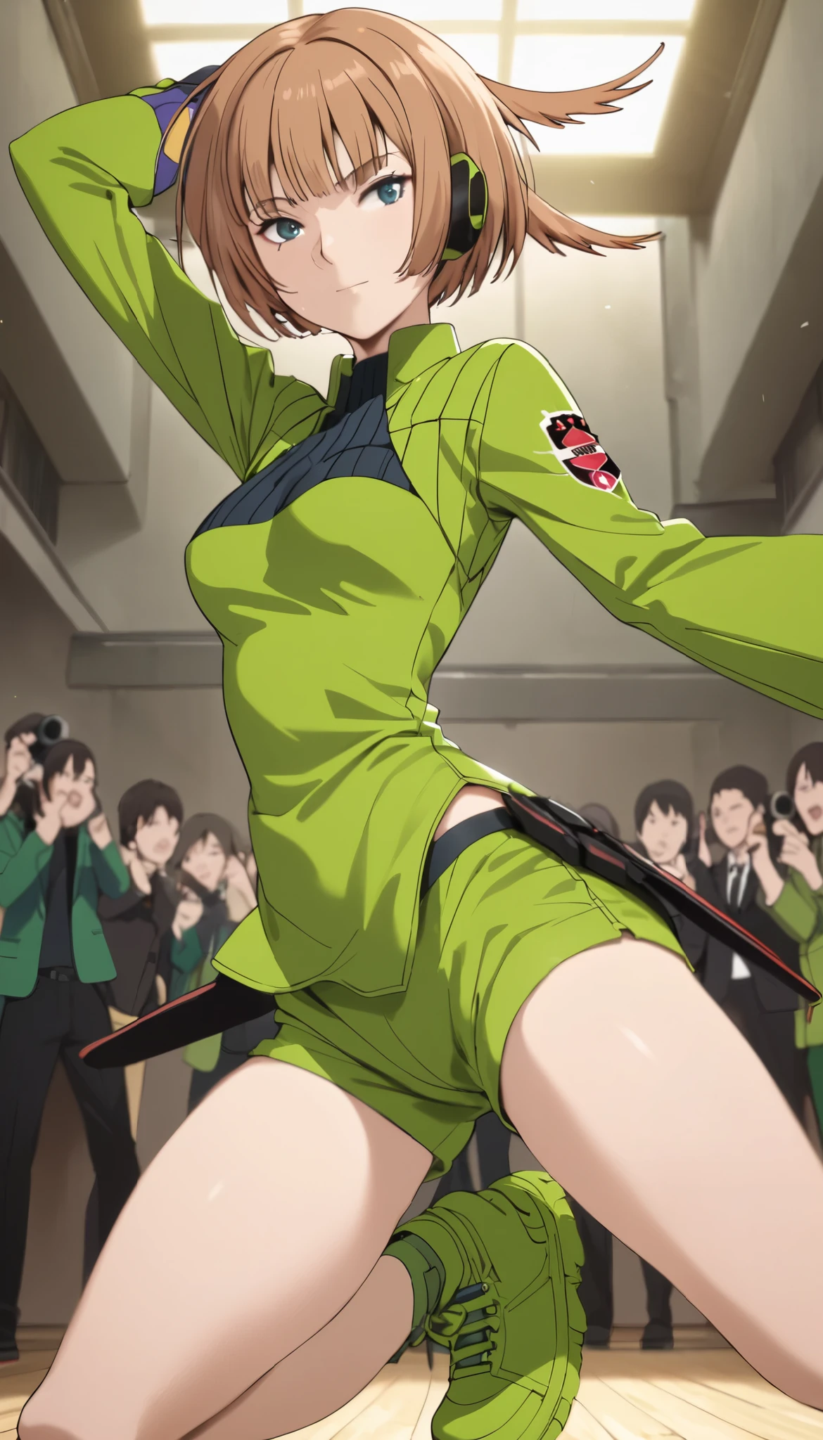 Konami,live-action、 real、 1 girl, looking at viewers, green jacket , gloves, Green Shorts , green footwear, Moderate bust、masterpiece, top quality , Dynamic Poses、Dance performance